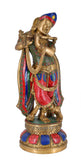 White Whale Brass Lord Krishna Bhagwan Playing Flute God Metal Murti Antique Gold Multicolor Stone Statue