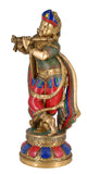 White Whale Brass Lord Krishna Bhagwan Playing Flute God Metal Murti Antique Gold Multicolor Stone Statue
