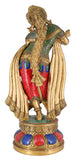 White Whale Brass Lord Krishna Bhagwan Playing Flute God Metal Murti Antique Gold Multicolor Stone Statue