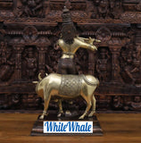 White Whale Brass Krishna Standing with Cow Playing Flute Big Statue - ( Copper and Golden Finish
