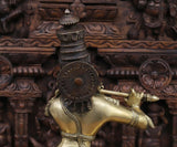 White Whale Brass Krishna Standing with Cow Playing Flute Big Statue - ( Copper and Golden Finish