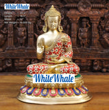 White Whale Brass Buddha sitting on a Lotus Platform - Semi Precious Stone Work