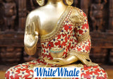 White Whale Brass Buddha sitting on a Lotus Platform - Semi Precious Stone Work