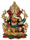 White Whale Large Lord Ganesh Murti Ganesha Idol Ganpati Brass Statue With Multicolor Stone Work for Home Decoration Showpiece