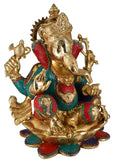 White Whale Large Lord Ganesh Murti Ganesha Idol Ganpati Brass Statue With Multicolor Stone Work for Home Decoration Showpiece