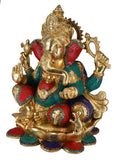 White Whale Large Lord Ganesh Murti Ganesha Idol Ganpati Brass Statue With Multicolor Stone Work for Home Decoration Showpiece