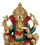 White Whale Large Lord Ganesh Murti Ganesha Idol Ganpati Brass Statue With Multicolor Stone Work for Home Decoration Showpiece