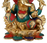 White Whale Large Lord Ganesh Murti Ganesha Idol Ganpati Brass Statue With Multicolor Stone Work for Home Decoration Showpiece