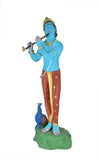 White Whale Lord Krishna Statue | Beautiful Clay Handmade Krishna Big Standing Lord Krishna Murti Playing Flute with Side Peacock.