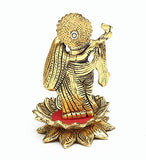 White Whale Aluminium Radha Krishna Idols Standing on Lotus Flower with Playing Flute Gold Plated for Home Decor Showpiece (Medium)
