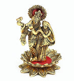 White Whale Aluminium Radha Krishna Idols Standing on Lotus Flower with Playing Flute Gold Plated for Home Decor Showpiece (Medium)