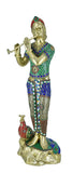 White Whale Lord Krishna Statue | Beautiful Clay Handmade Krishna Big Standing Lord Krishna Murti Playing Flute with Side Peacock.