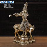White Whale Lord Krishna With Cow Brass Statue Religious Strength God Sculpture Idol