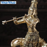 White Whale Lord Krishna With Cow Brass Statue Religious Strength God Sculpture Idol