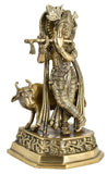 White Whale Lord Krishna with Cow Brass Statue Religious Strength God Sculpture Idol Home Decor Figurine