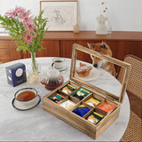 White Whale Tea Box Storage Natural Tea Chest Tea Bag Holder 8 Adjustable Tea Chest Compartments with Glass Window