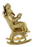 White Whale Brass Statue Hindu Art Ganesha God Seated On A Rocking Chair and Reading A Book 7 Inch