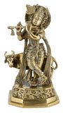 White Whale Lord Krishna with Cow Brass Statue Religious Strength God Sculpture Idol Home Decor Figurine