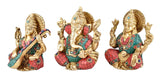 White Whale Lakshmi, Ganesh, Saraswati Idols Golden Multicolored Seated Pose 3 Set Brass God Goddess Statue Diwali Gifts