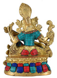 White Whale Maa Saraswati Brass Statue With Multicolor Stone Work Religious Goddess Sculpture Idol Home Décor