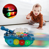 White Whale Musical Toy Battery Operated Transparent Gear Tanks Toys for Kids Electric Bump & Go with 3D Light Sound Toys (Pack of 1) Multicolor