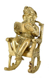 White Whale Brass Statue Hindu Art Ganesha God Seated On A Rocking Chair and Reading A Book 7 Inch