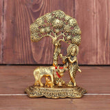 White Whale Kamdhenu Cow with Krishna Standing Under Tree Plying Flute Metal Statue (12 X 8 X 17 cm, Gold)