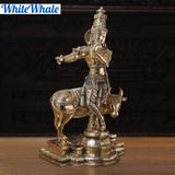 White Whale Lord Krishna With Cow Brass Statue Religious Strength God Sculpture Idol