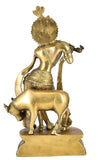 White Whale Lord Krishna with Cow Brass Statue Religious Strength God Sculpture Idol Home Decor Figurine