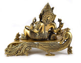 White Whale Lord Ganesha Resting on Royal Shofa Brass Statue Religious Strength God Sculpture Idol