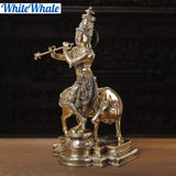 White Whale Lord Krishna With Cow Brass Statue Religious Strength God Sculpture Idol