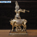 White Whale Lord Krishna With Cow Brass Statue Religious Strength God Sculpture Idol