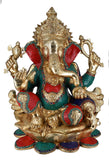 White Whale Large Lord Ganesh Murti Ganesha Idol Ganpati Brass Statue With Multicolor Stone Work for Home Decoration Showpiece