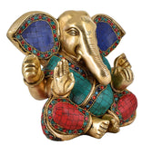 White Whale Lord Ganesh Brass Idol Long Ear Ganesha Statue With Multicolor Stone Work for Home Decoration Showpiece