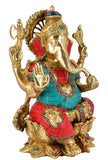 White Whale Brass Lord Ganesha Sitting On Lotus Statue Idol Home Decor Figurine (12 Inches)