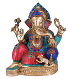 White Whale Lord Ganesh Murti Ganesha Idol Ganpati Brass Statue with Multicolor Stone Work for Home Decoration Showpiece