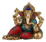 White Whale Brass Decor India Mangalkari Ganesha Resting With Multicolor Stone Work God Ganesha Brass Sculpture