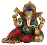 White Whale Brass Decor India Mangalkari Ganesha Resting With Multicolor Stone Work God Ganesha Brass Sculpture