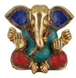 White Whale Lord Ganesh Brass Idol Long Ear Ganesha Statue With Multicolor Stone Work for Home Decoration Showpiece