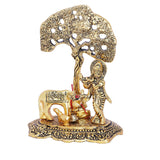 White Whale Kamdhenu Cow with Krishna Standing Under Tree Plying Flute Metal Statue (12 X 8 X 17 cm, Gold)