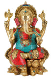 White Whale Brass Lord Ganesha Sitting On Lotus Statue Idol Home Decor Figurine (12 Inches)