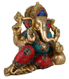 White Whale Brass Decor India Mangalkari Ganesha Resting With Multicolor Stone Work God Ganesha Brass Sculpture