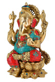 White Whale Brass Lord Ganesha Sitting On Lotus Statue Idol Home Decor Figurine (12 Inches)