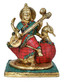 White Whale Maa Saraswati Brass Statue Religious Goddess Sculpture Idol Home Décor