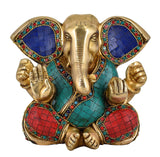 White Whale Lord Ganesh Brass Idol Long Ear Ganesha Statue With Multicolor Stone Work for Home Decoration Showpiece