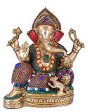 White Whale Lord Ganesh Murti Ganesha Idol Ganpati Brass Statue with Multicolor Stone Work for Home Decoration Showpiece