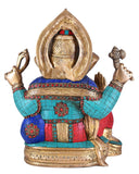White Whale Lord Ganesh Murti Ganesha Idol Ganpati Brass Statue with Multicolor Stone Work for Home Decoration Showpiece