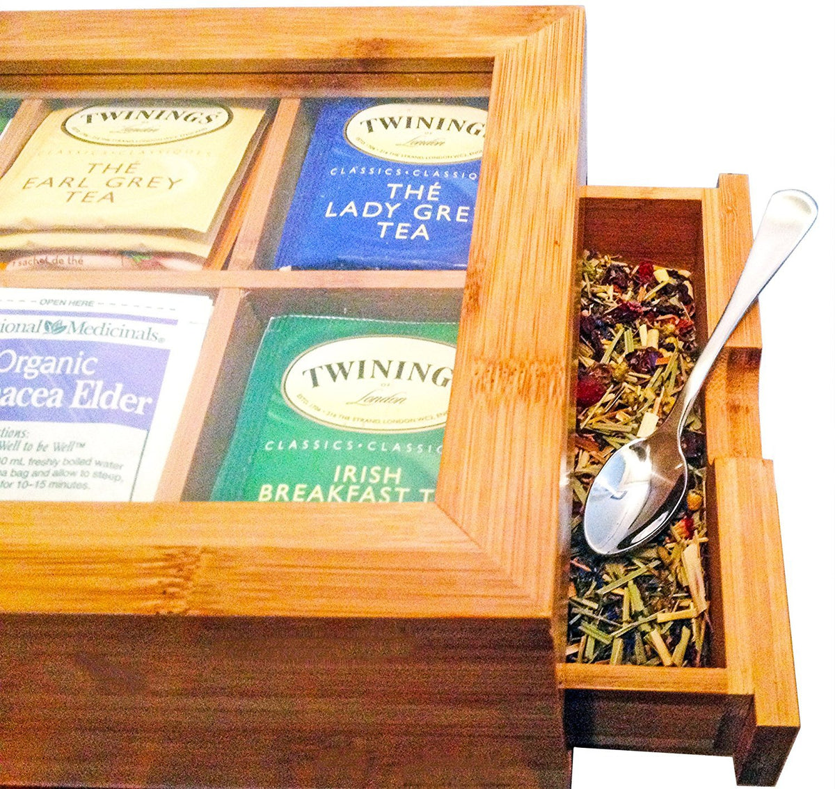 Whitewhale Tea Box Storage Natural Tea Chest Tea Bag Holder with Glass ...