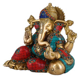 White Whale Brass Decor India Mangalkari Ganesha Resting With Multicolor Stone Work God Ganesha Brass Sculpture