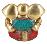 White Whale Lord Ganesh Brass Idol Long Ear Ganesha Statue With Multicolor Stone Work for Home Decoration Showpiece